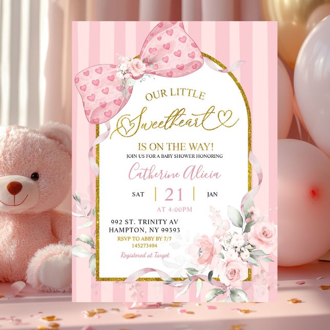 Convite Pink Stripes Bow Coquette Sweetheart Baby Shower (Criador carregado)