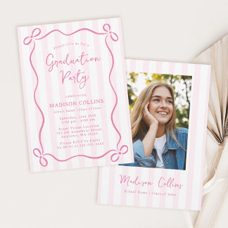 Convite Pink Stripes Bow Frame Graduation Party Photo