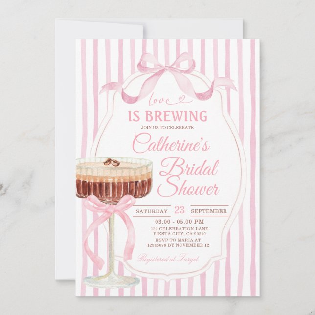 Convite Pink Stripes Bow Love Is Brewing Bridal Shower  (Frente)