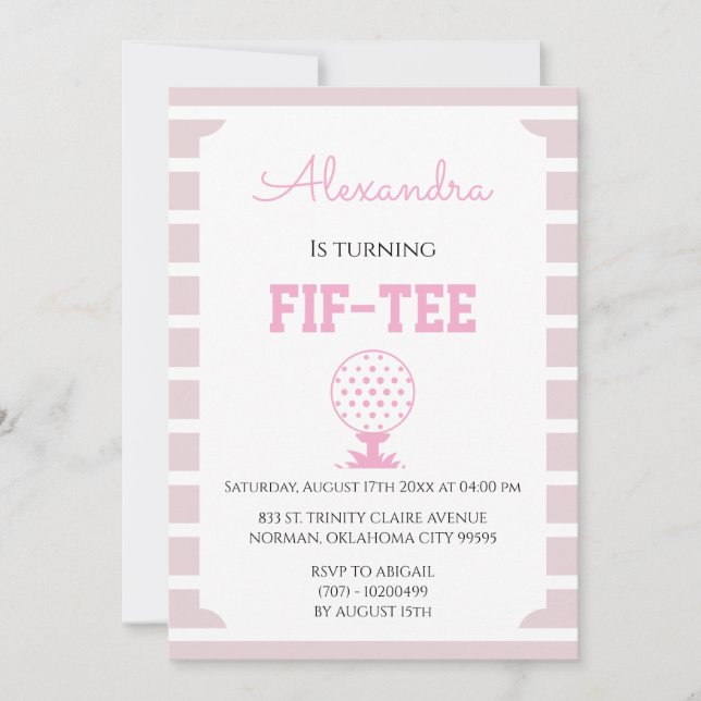 Convite Pink Stripes Golf 50th Birthday (Frente)