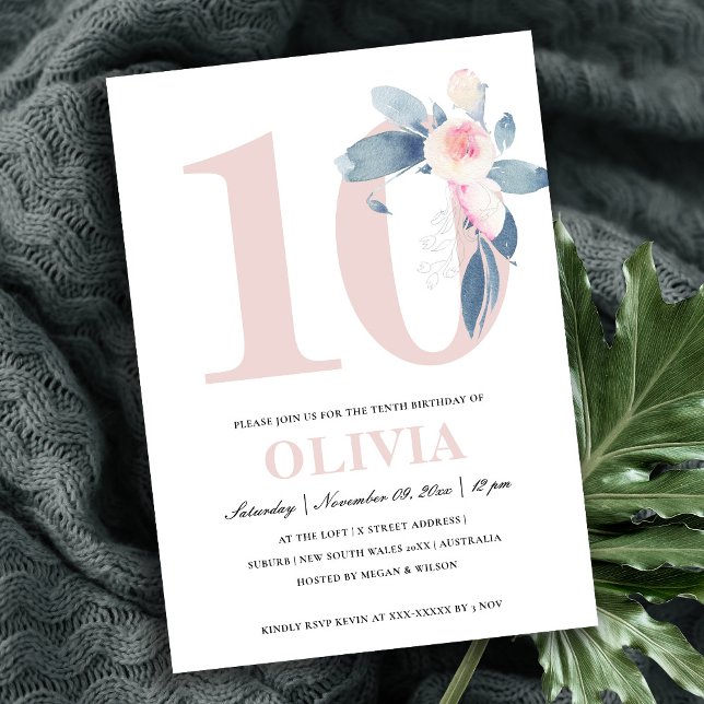 CONVITE PINK SUAVE BLUSH BLUE FLORAL 10º DIA DE QUALQUER A (Criador carregado)