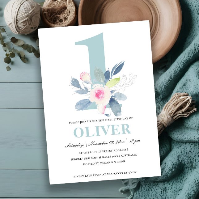 Convite PINK SUAVE BLUSH BLUE FLORAL 1 rua QUALQUER ANIVER (Criador carregado)