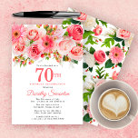 Convite Pink Summer Floral Pretty 70th Birthday<br><div class="desc">Roses, peonies and daises create pretty summer pink floral design. Buds and foliage add a rustic vibe. 70th is written in a large bold text. It can be changed for any year you wish. The birthday celebrant's name is written in an elegant script font. The back of the invitation is...</div>