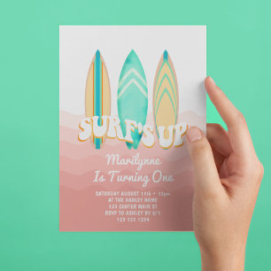 Convite Pink Surfs Up Prancha de Surfe Aniversário de 1 an