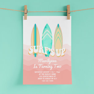 Convite Pink Surfs Up Prancha de Surfe Aniversário de 2 an