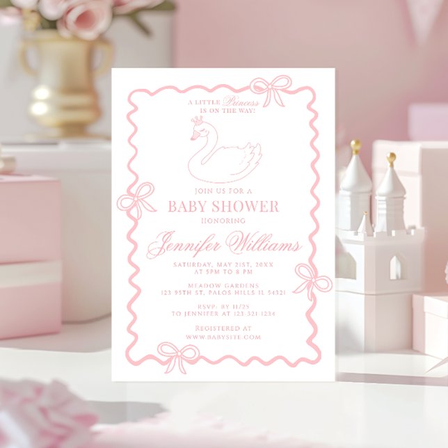 Convite Pink Swan Princess Bow Coquette Baby Girl Shower (Criador carregado)