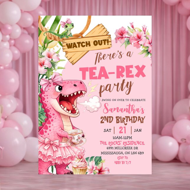 Convite Pink Tea Rex On The Loose Girl Birthday (Criador carregado)