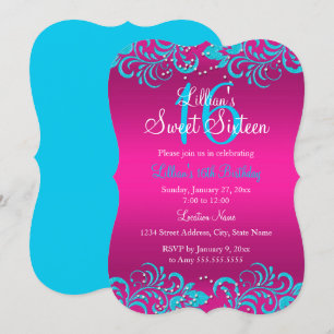 Convite Pink & Teal Floral Swirl Sweet 16