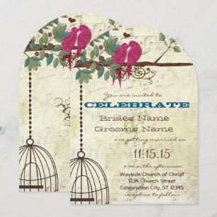 Convite Pink Teal Love Birds Sitting In A Tree Wedding