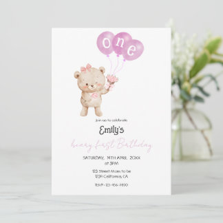 Convite Pink Teddy Bear 1st Birthday Party for Girl