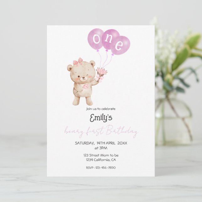 Convite Pink Teddy Bear 1st Birthday Party for Girl (Em pé/Frente)