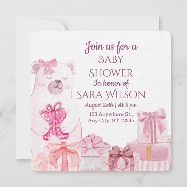 Convite Pink Teddy Bear Baby Shower Invitation (Frente)