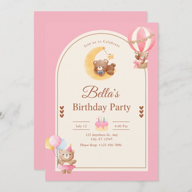 Convite Pink Teddy Bear Birthday Invitation, Girl Birthday (Frente/Verso)