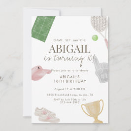 Convite Pink Tennis 10th Birthday Party for Girls Preppy 