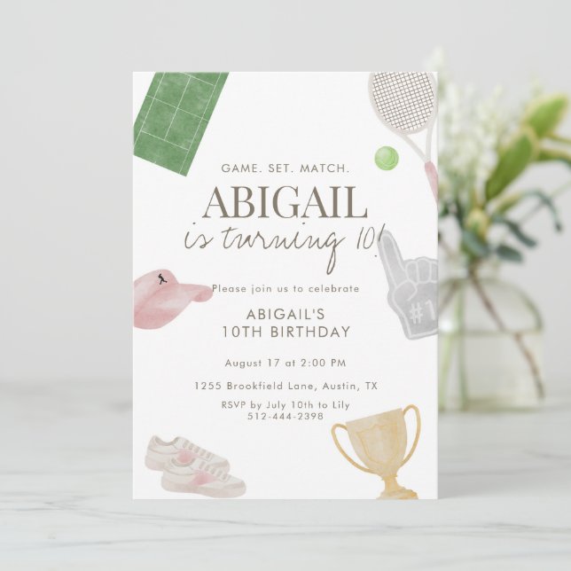 Convite Pink Tennis 10th Birthday Party for Girls Preppy  (Em pé/Frente)