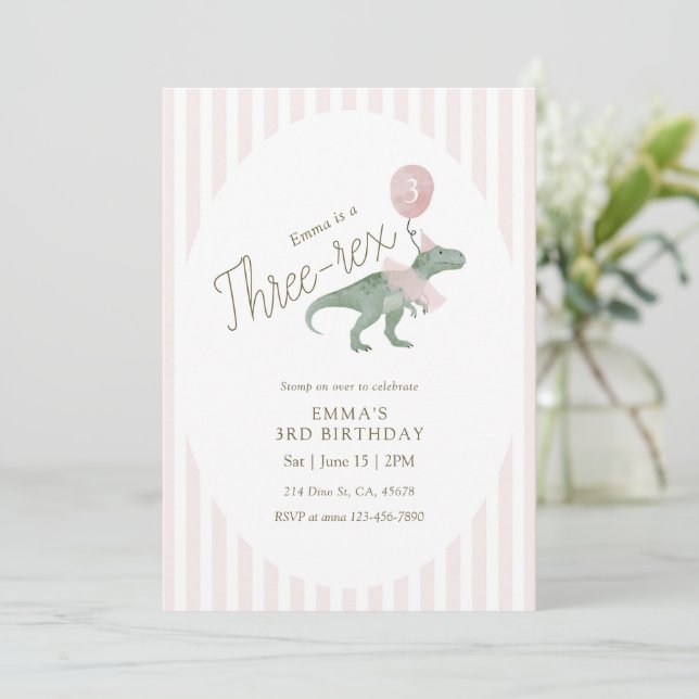 Convite Pink Three Rex Dinosaur Third Birthday Invitation (Em pé/Frente)