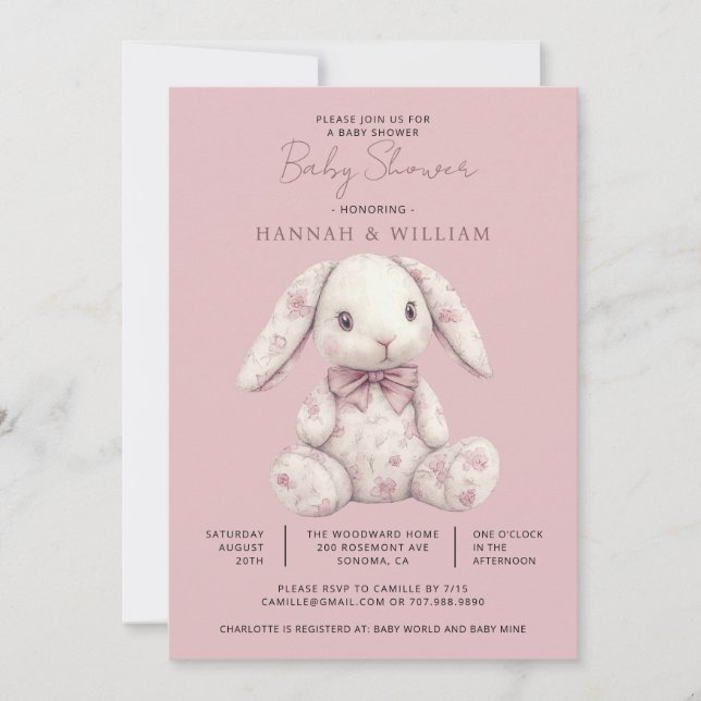 Convite Pink Toile Bunny Rabbit Girl Baby Shower (Frente)