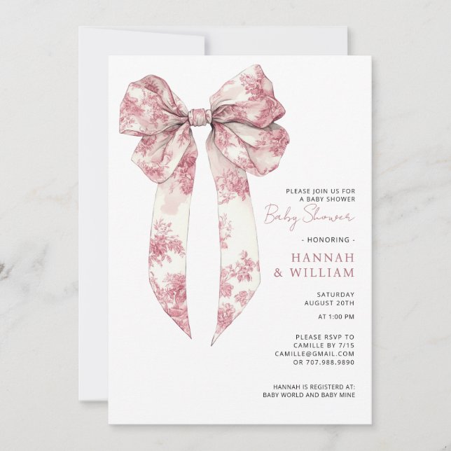 Convite Pink Toile Coquette Ribbon Girl Baby Shower (Frente)
