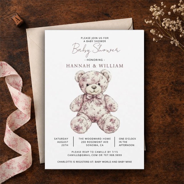 Convite Pink Toile Teddy Bear Girl Baby Shower (Criador carregado)