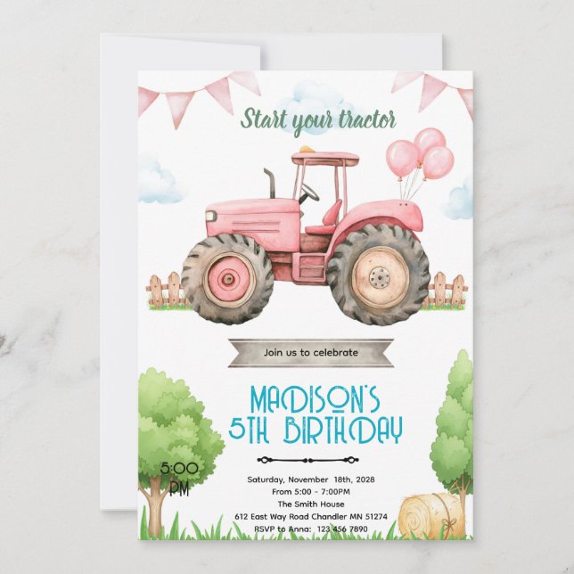Convite Pink tractor birthday party invitation (Frente)