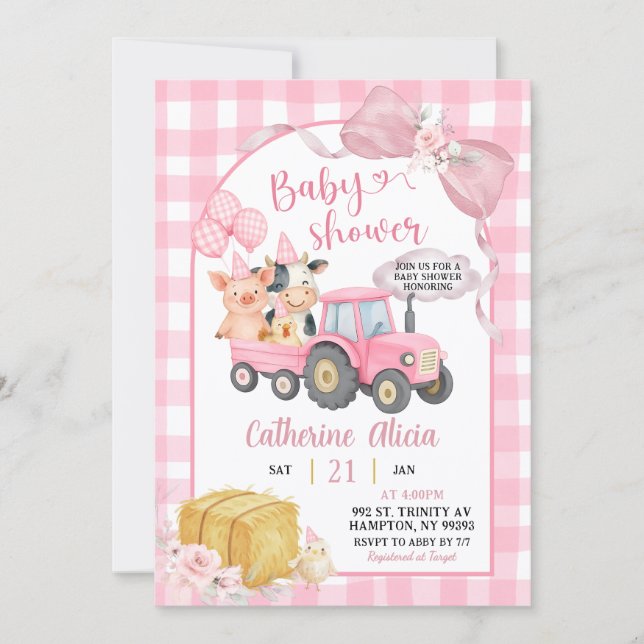 Convite Pink Tractor Gingham Coquette Farm Baby Shower (Frente)