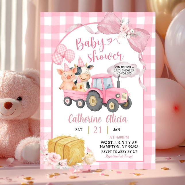 Convite Pink Tractor Gingham Coquette Farm Baby Shower (Criador carregado)
