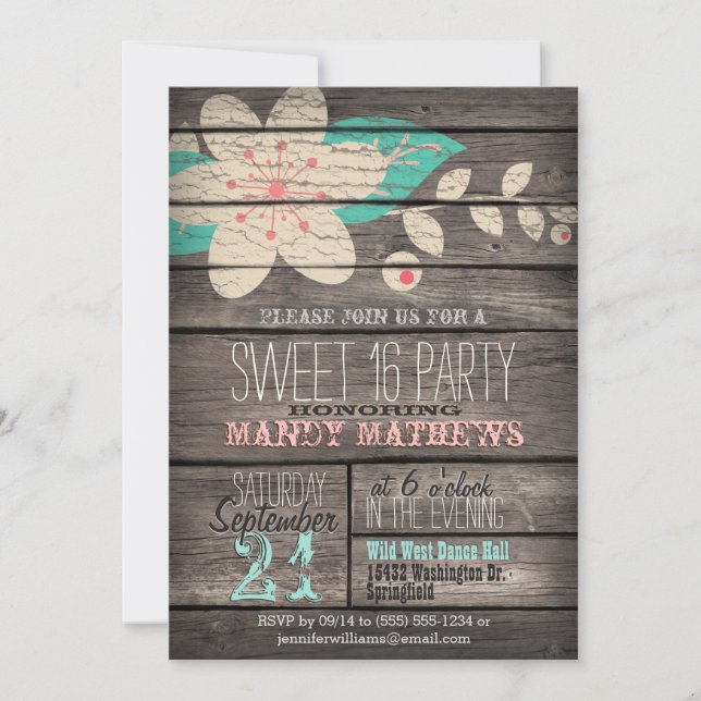 Convite Pink & Turquoise; Rustic Wood Sweet 16 Party (Frente)