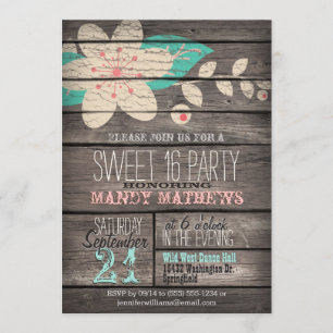 Convite Pink & Turquoise; Rustic Wood Sweet 16 Party
