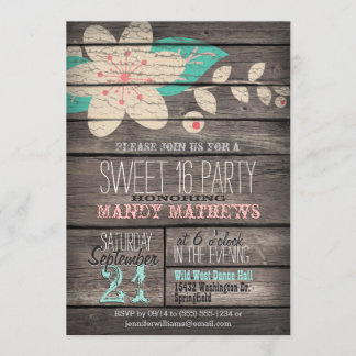 Convite Pink & Turquoise; Rustic Wood Sweet 16 Party
