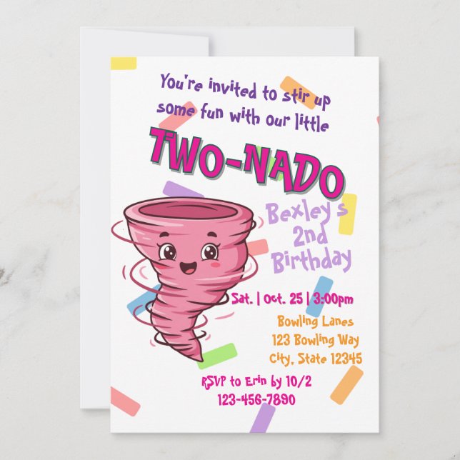 Convite Pink TwoNado, 2nd birthday invitation (Frente)