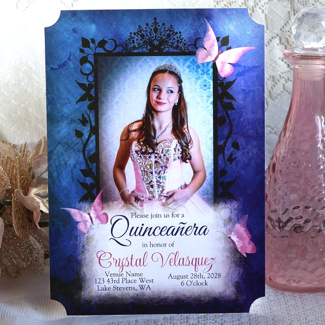 Convite Pink Único, Borboletas de Quinceanera Azul (Pink Quinceanera dress, royal blue frame, Pink butterflies, pink and blue quinceanera invitations)