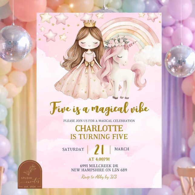 Convite Pink Unicorn Five é um Aniversário de Vibe Mágico (Criador carregado)