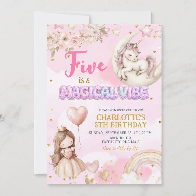 Convite Pink Unicorn Five Is A Magical Vibe Fifth Birthday (Frente)