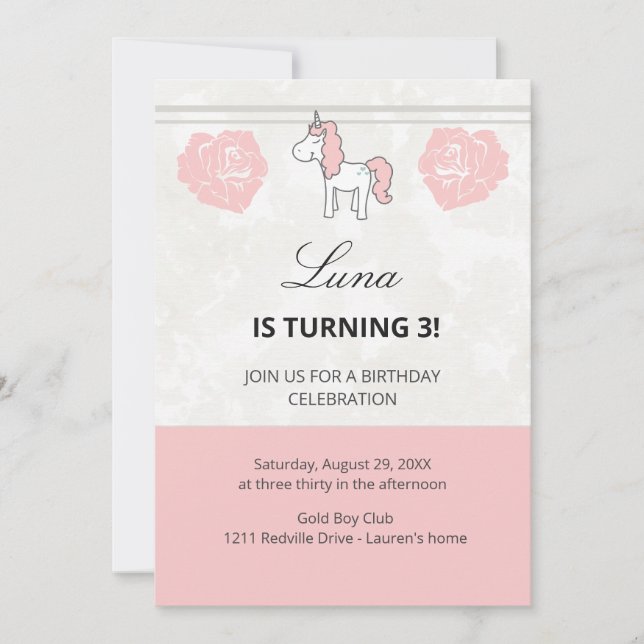 Convite Pink Unicorn Floral Birthday Party Invitation (Frente)