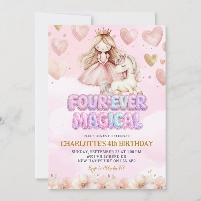Convite Pink Unicorn Four ever Magical Fourth Birthday (Frente)