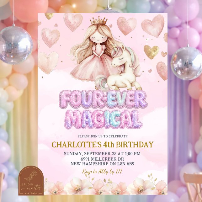 Convite Pink Unicorn Four ever Magical Fourth Birthday (Criador carregado)