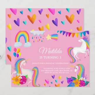 Convite Pink Unicorn Rainbow Colorful Birthday Invitation