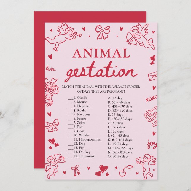 Convite Pink Valentine Animal Gestation Baby Shower Game (Frente/Verso)