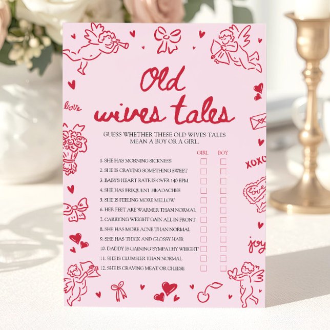 Convite Pink Valentine Old Wives Tales Baby Shower Game (Pink Valentine Old Wives Tales Baby Shower Game)
