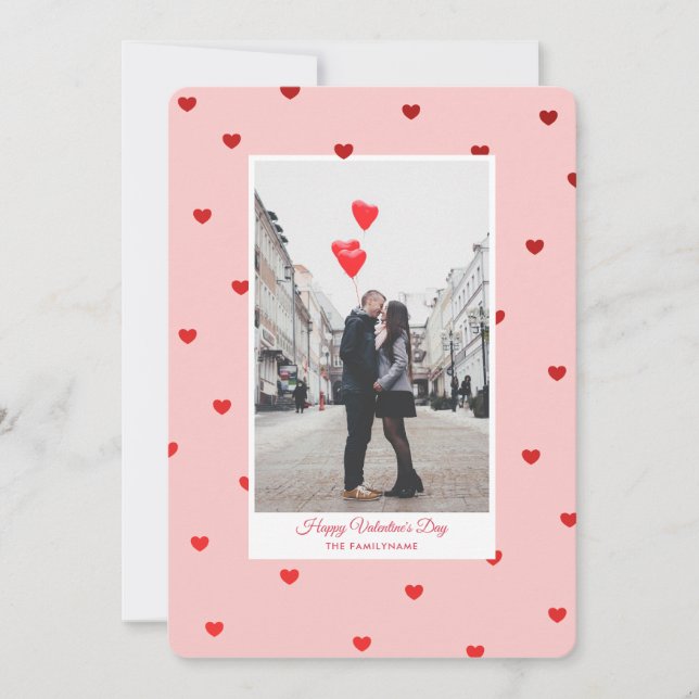 Convite Pink Valentine’s Day photo card with red hearts (Frente)