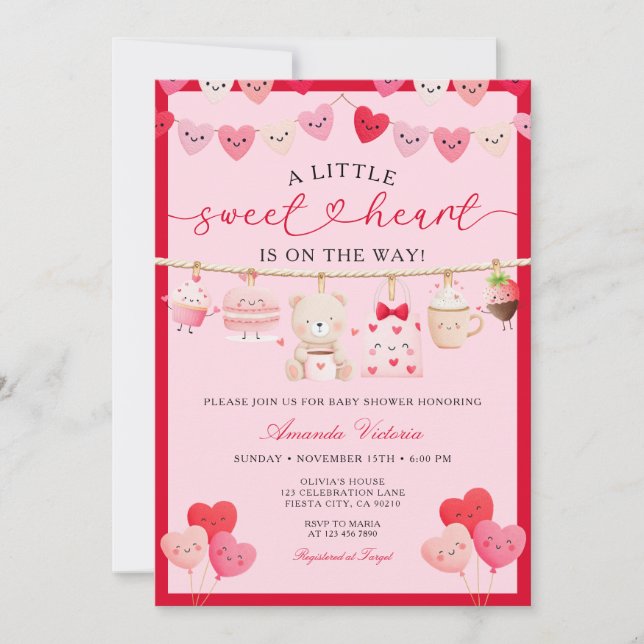 Convite Pink Valentine Sweetheart Gift Bear Baby Shower (Frente)