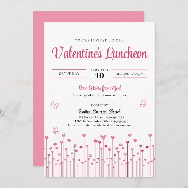 Convite Pink Valentine's Church Luncheon Heart Flowers (Frente/Verso)