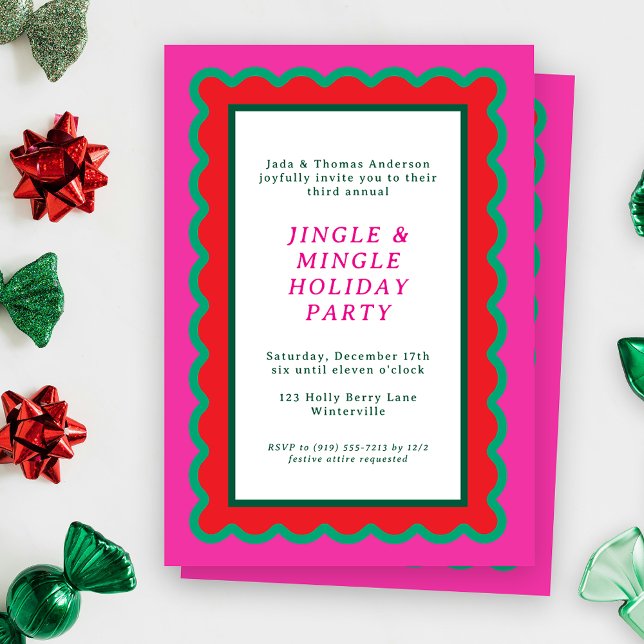 Convite Pink Vermelho Verde Simples, Rosa, Semeado Natal (A scalloped holiday party invitation feel preppy, bold and bright in hot pink, red, and green)