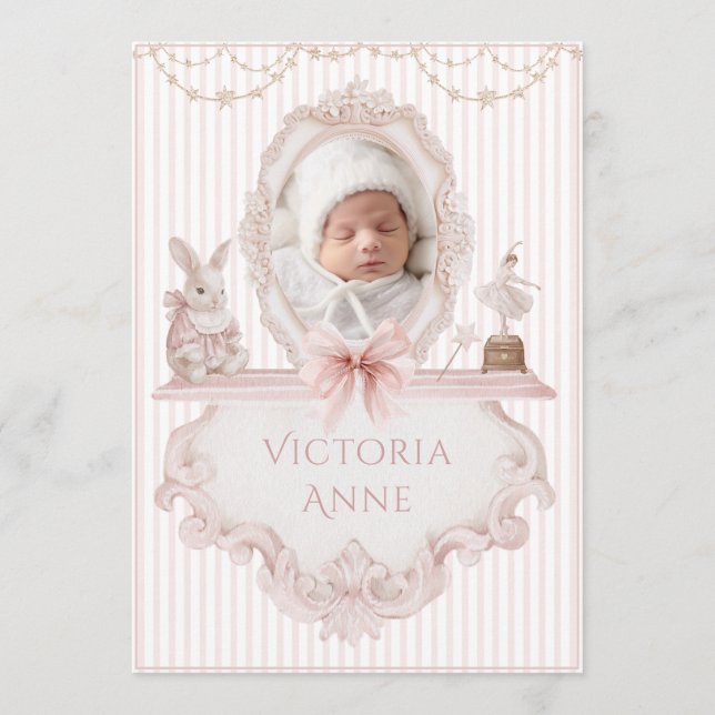 Convite Pink Vintage Elegant Baby Girl Birth Announcement (Frente)