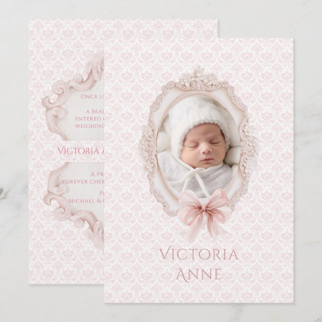 Convite Pink Vintage Elegant Baby Girl Birth Announcement (Frente/Verso)