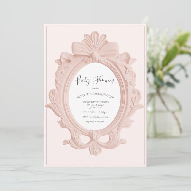 Convite Pink Vintage Frame Baby Shower (Em pé/Frente)