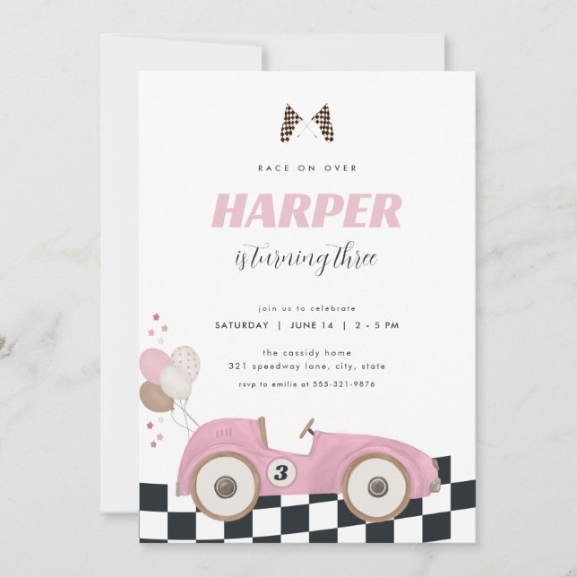 Convite Pink Vintage Race Car Girl Birthday Invite  (Frente)