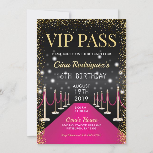 Convite Pink VIP Pass Hollywood Red Carpet Birday (Frente)