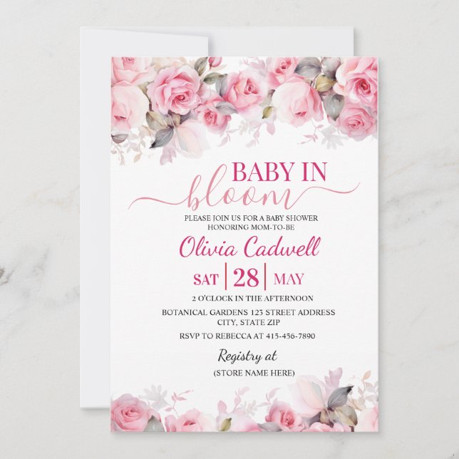 Convite Pink Watercolor Baby In Bloom Baby Shower  Invitat (Frente)