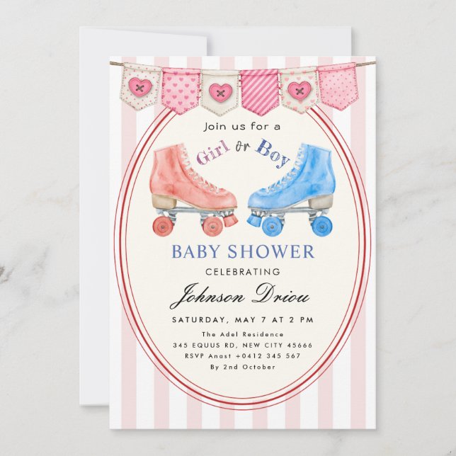 Convite Pink Watercolor Baby Shower | Roller Skate (Frente)